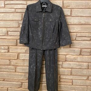Peter Nygard Womens Black Denim Embroidered Zip-front Jacket & pants Size 6P